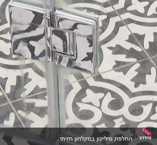 דלת זכוכית עם ידית מתכת במקלחת